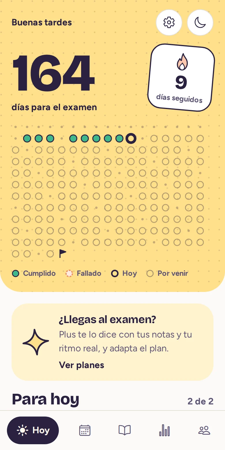 Pantalla Hoy de Opogoal: 164 días para el examen, una racha de 9 días y las tareas del día.